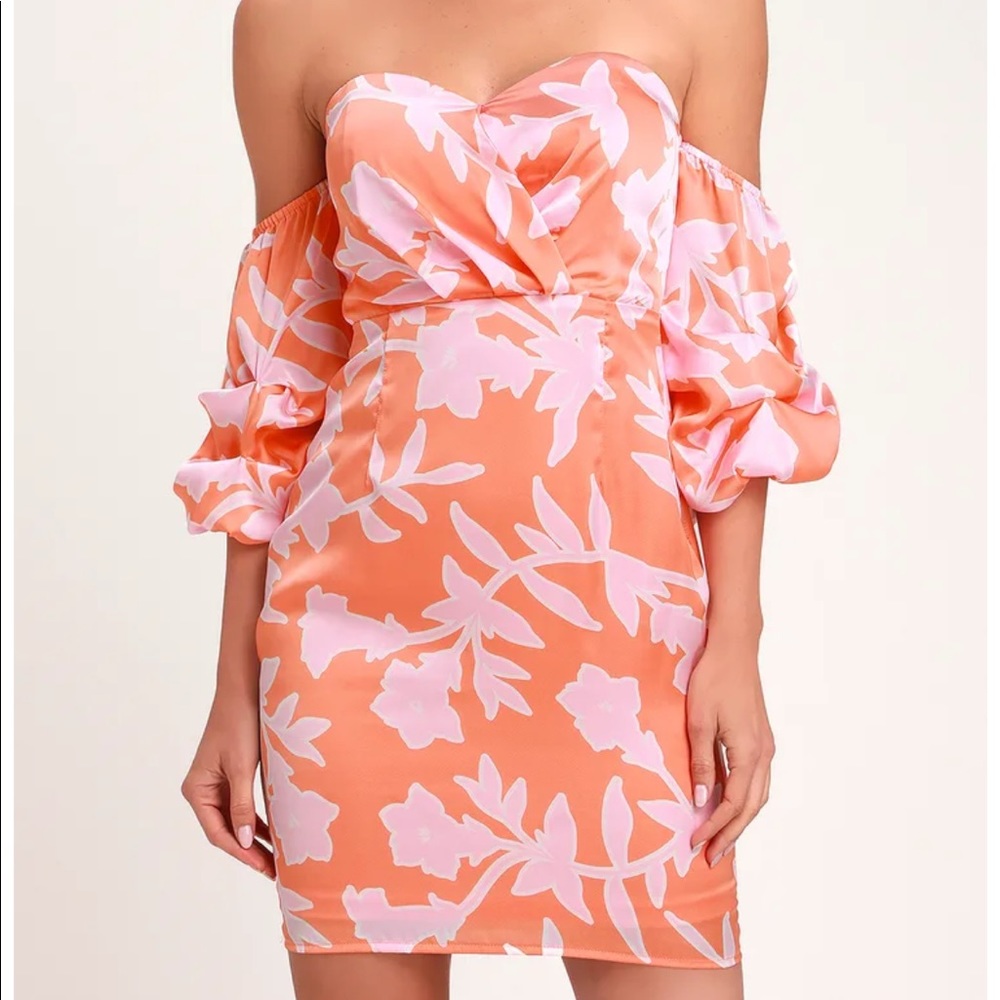 Baros Coral Orange Floral Print Off-the-Shoulder Bodycon Dress
